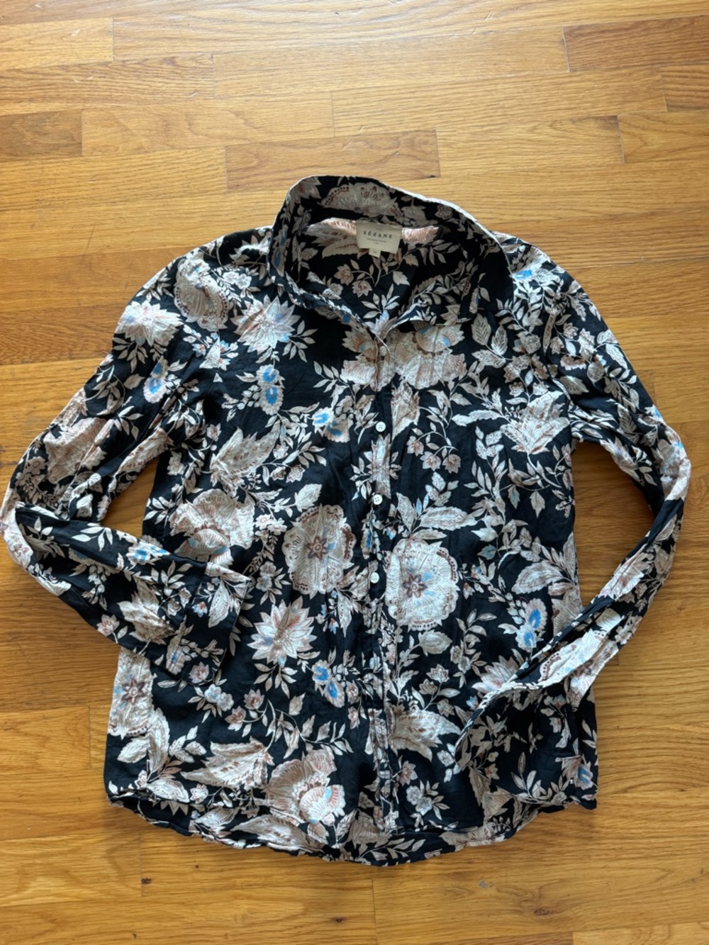 Sezane Pierro Women's Black Cotton Floral Button Front Blouse Sz 34 XS 2/4